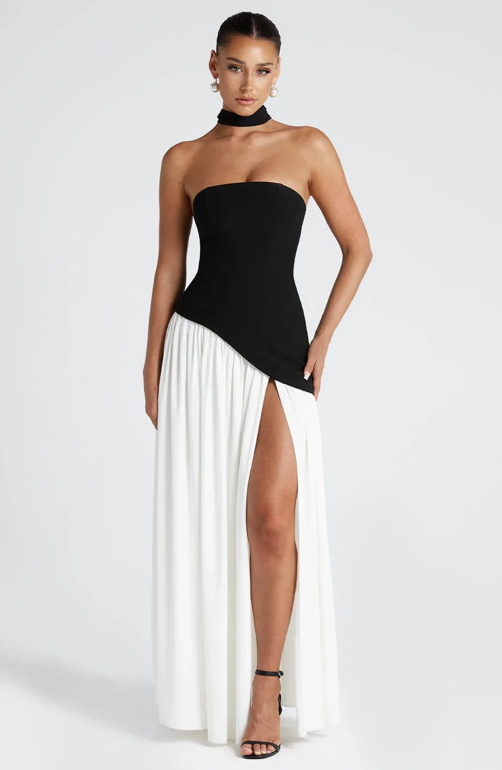 Robe longue bustier avec col foulard et fente pour femme