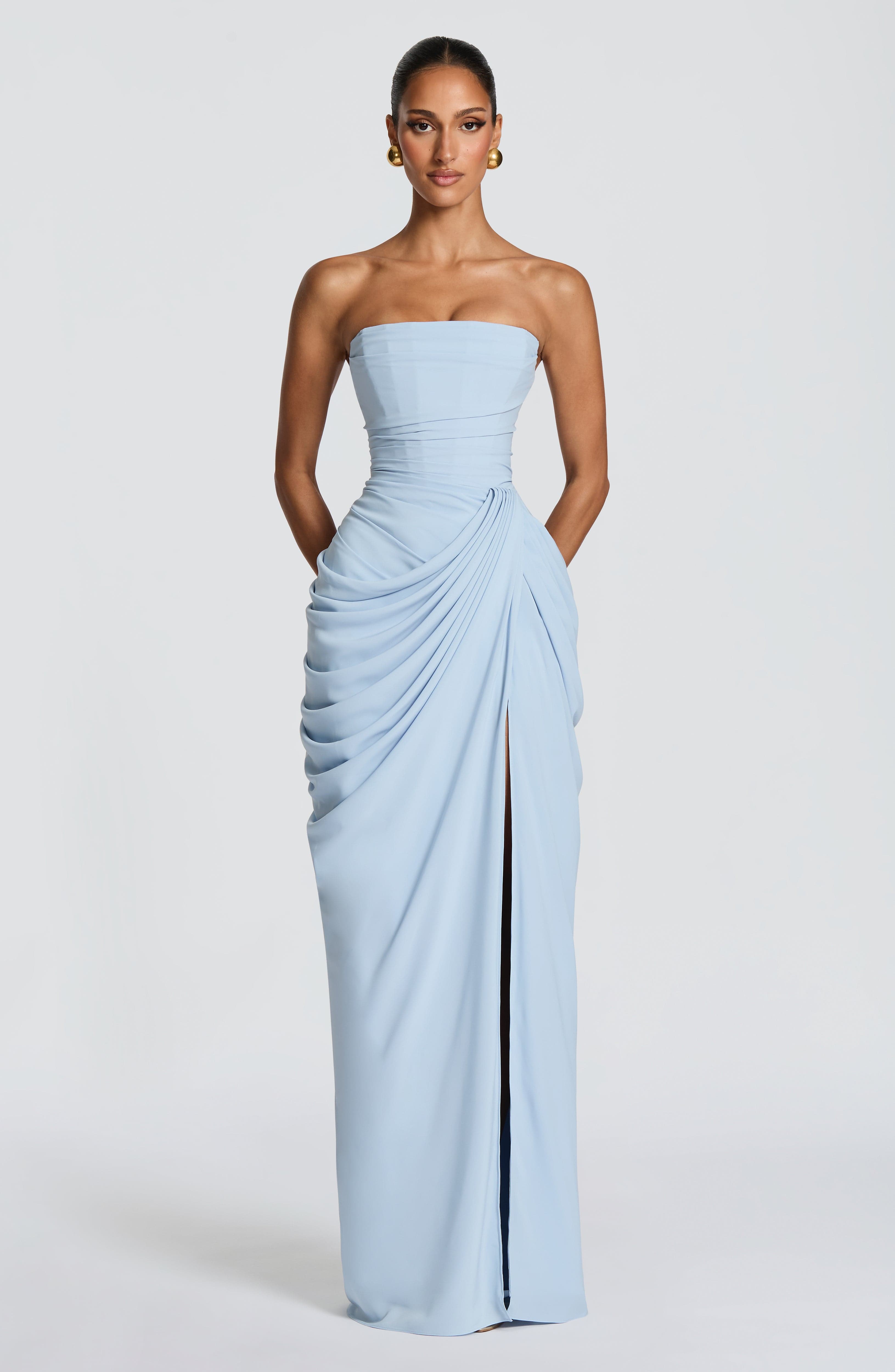 Robe longue bustier drapée à fente haute pour femme