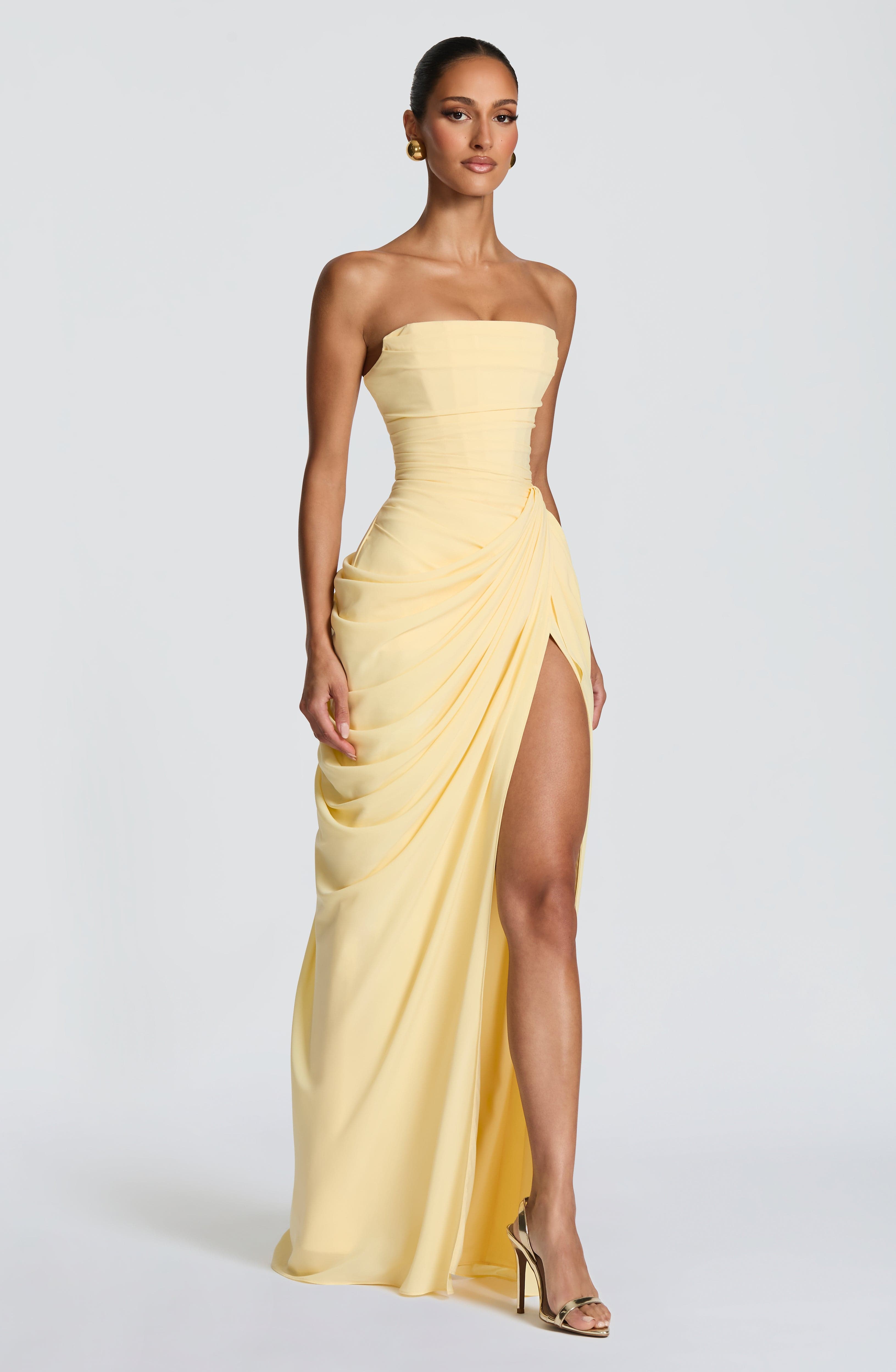 Robe longue bustier drapée à fente haute pour femme