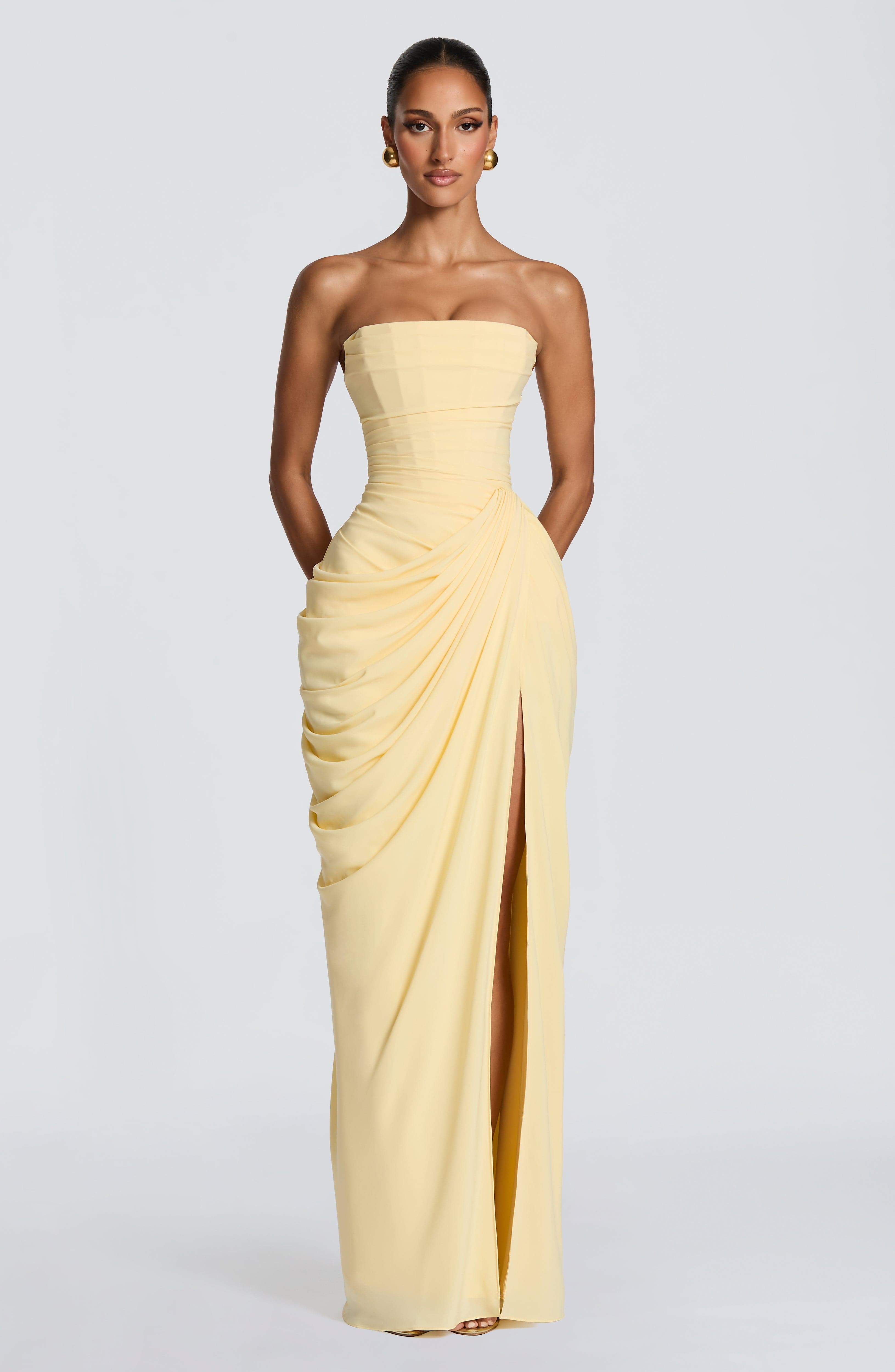 Robe longue bustier drapée à fente haute pour femme