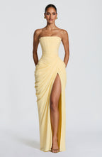 Robe longue bustier drapée à fente haute pour femme