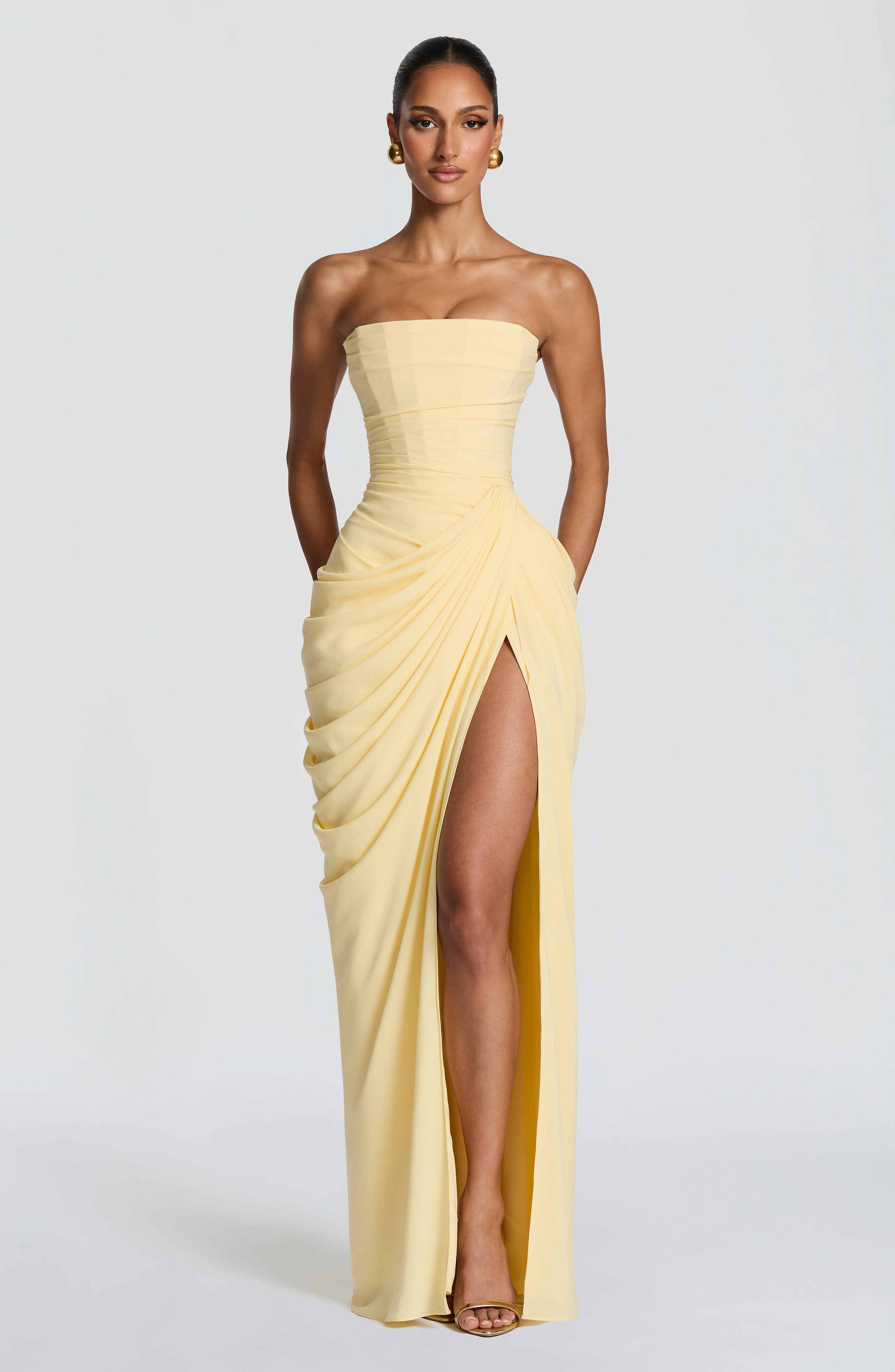 Robe longue bustier drapée à fente haute pour femme