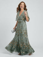 Robe longue cache-cœur à motifs floraux vert sauge pour femme