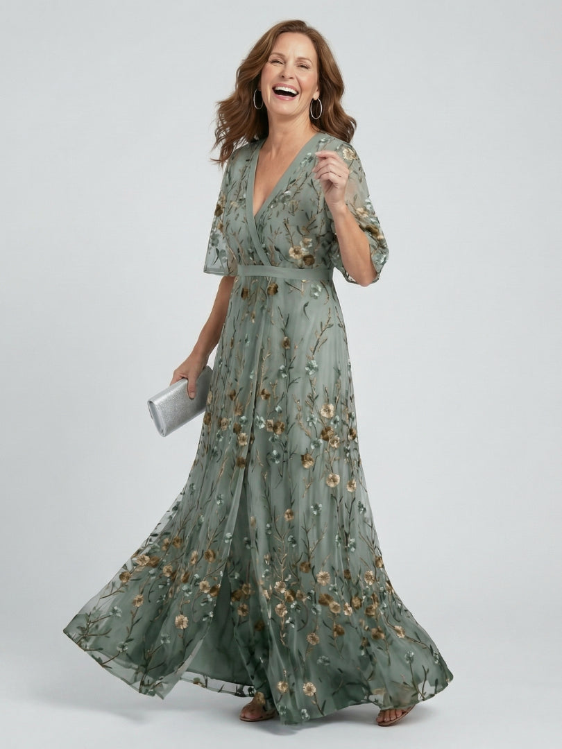 Robe longue cache-cœur à motifs floraux vert sauge pour femme