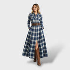 Robe longue chemise à carreaux avec ceinture bleu pour femme