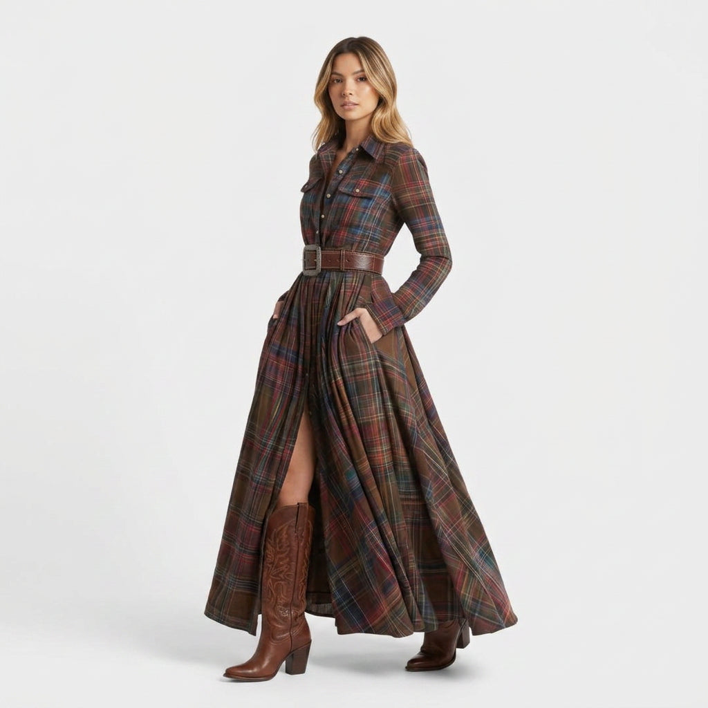 Robe longue chemise à carreaux avec ceinture pour femme
