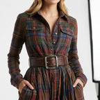 Robe longue chemise à carreaux avec ceinture pour femme – vue 2
