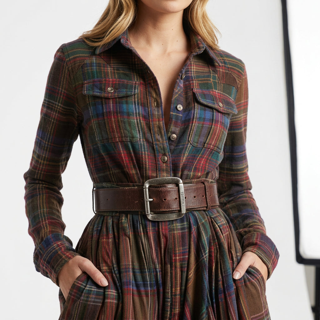 Robe longue chemise à carreaux avec ceinture pour femme – vue 2