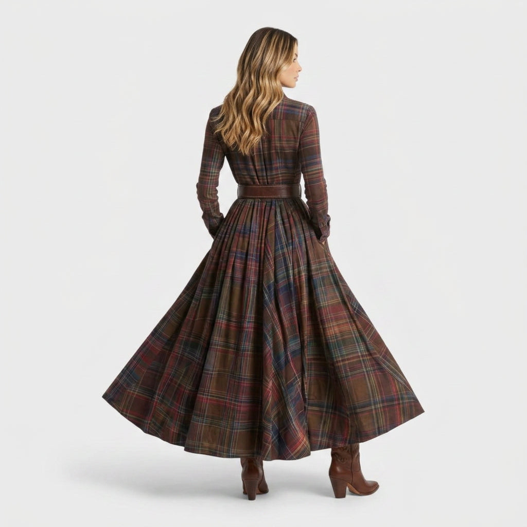 Robe longue chemise à carreaux avec ceinture pour femme – vue 3