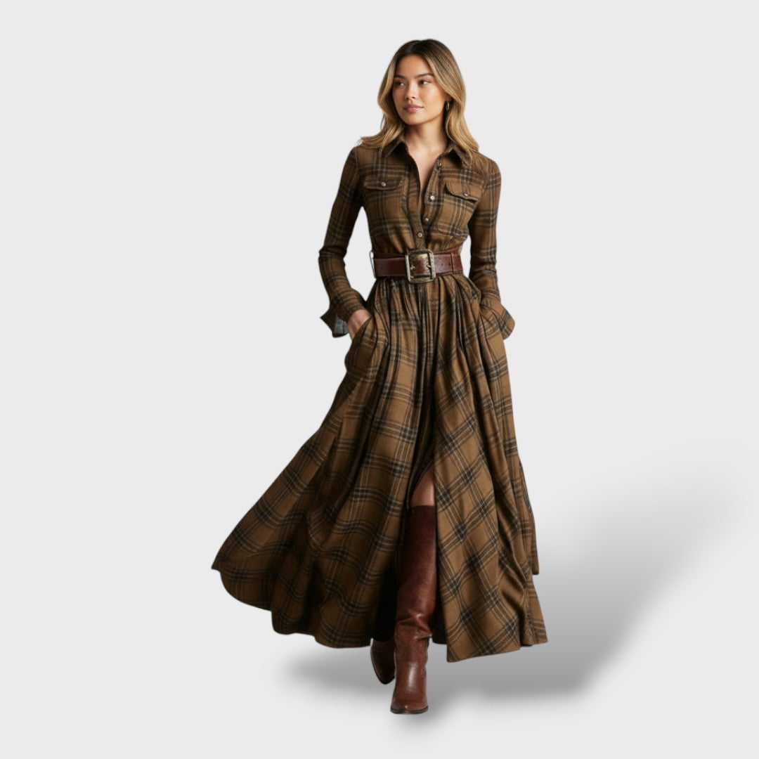 Robe longue chemise à carreaux avec ceinture marron pour femme