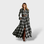 Robe longue chemise à carreaux avec ceinture noir pour femme