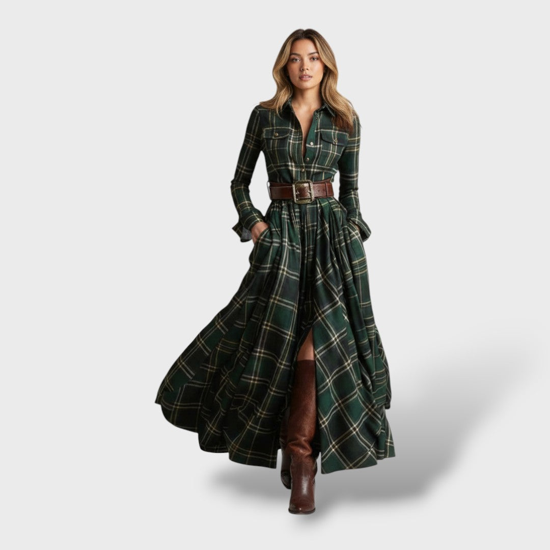 Robe longue chemise à carreaux avec ceinture vert pour femme