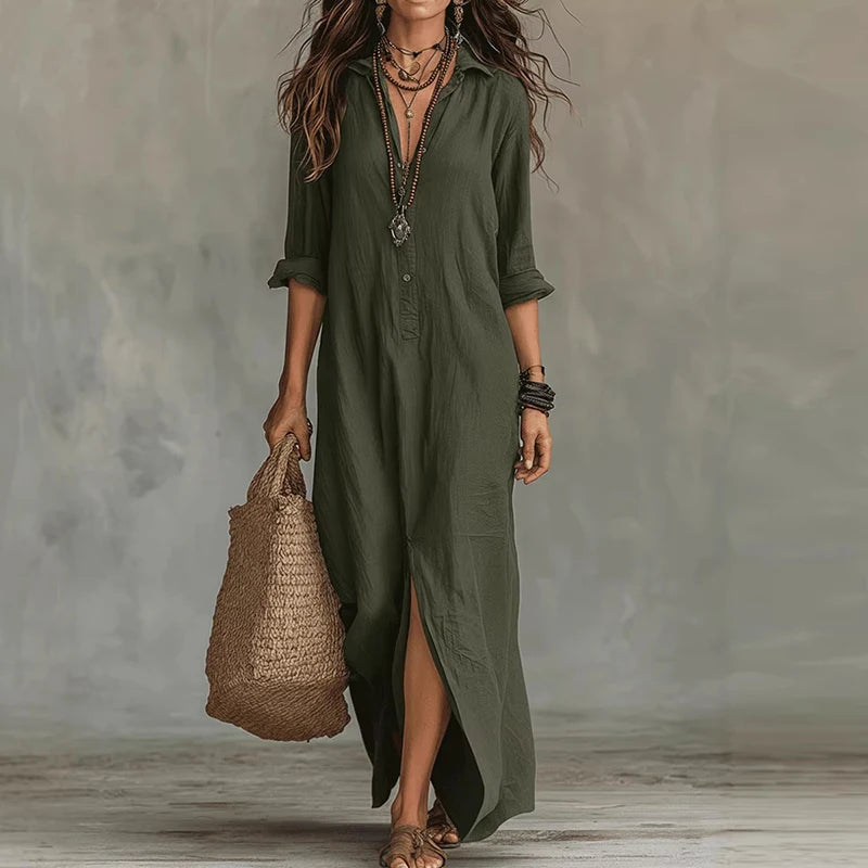 Robe longue chemise col V à fente latérale pour femme