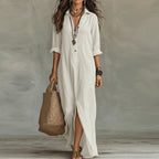 Robe longue chemise col V à fente latérale pour femme
