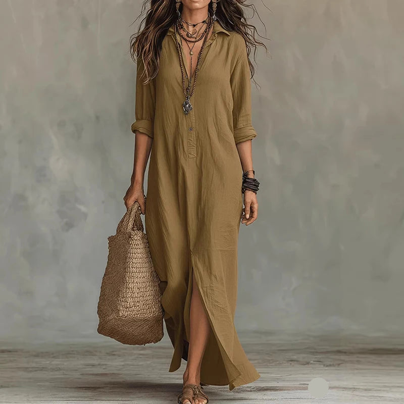 Robe longue chemise col V à fente latérale pour femme