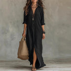 Robe longue chemise col V à fente latérale pour femme