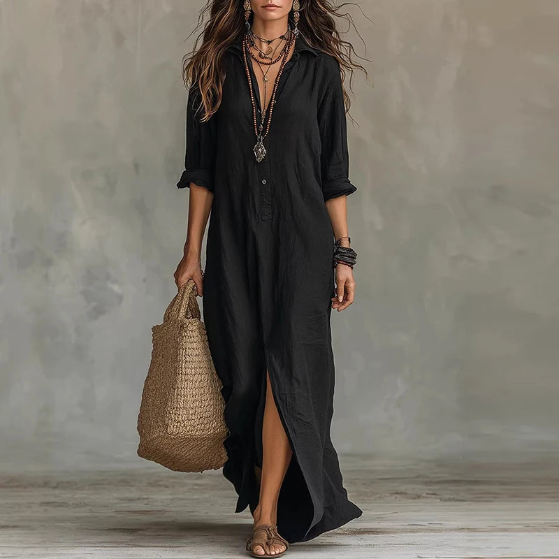 Robe longue chemise col V à fente latérale pour femme
