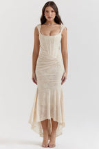 Robe longue corsetée en dentelle pour femme
