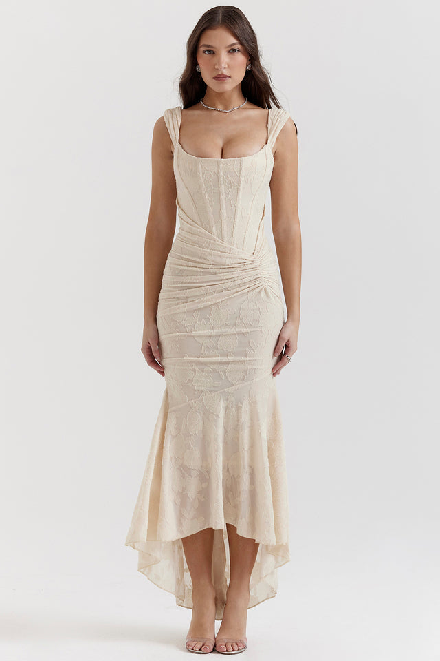 Robe longue corsetée en dentelle pour femme