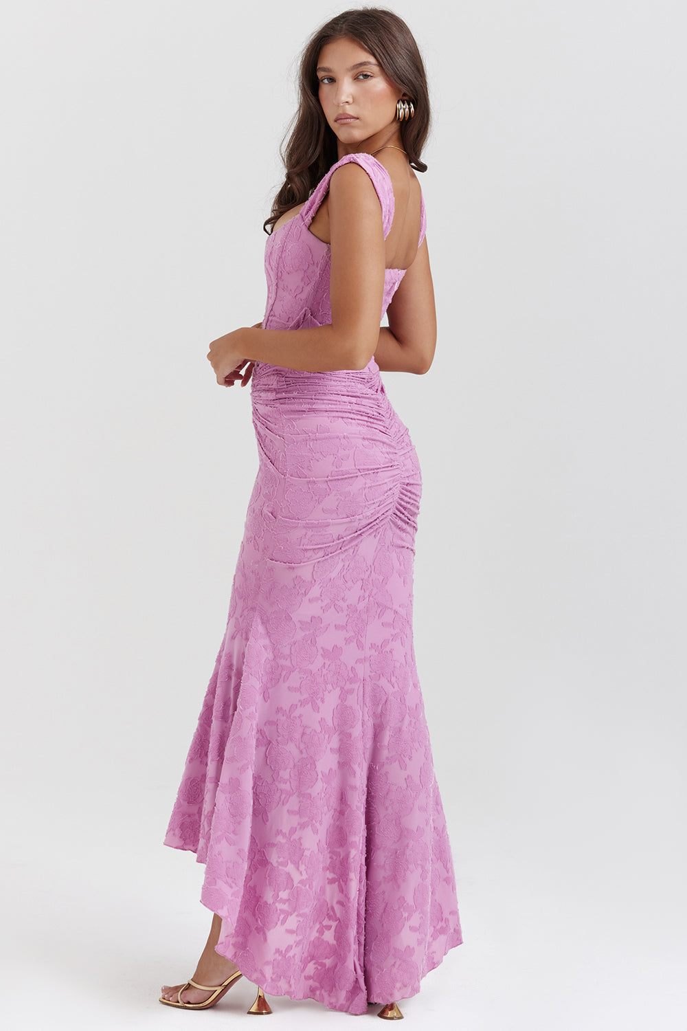 Robe longue corsetée en dentelle pour femme