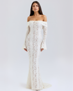 Robe longue dentelle florale épaules dénudées pour femme