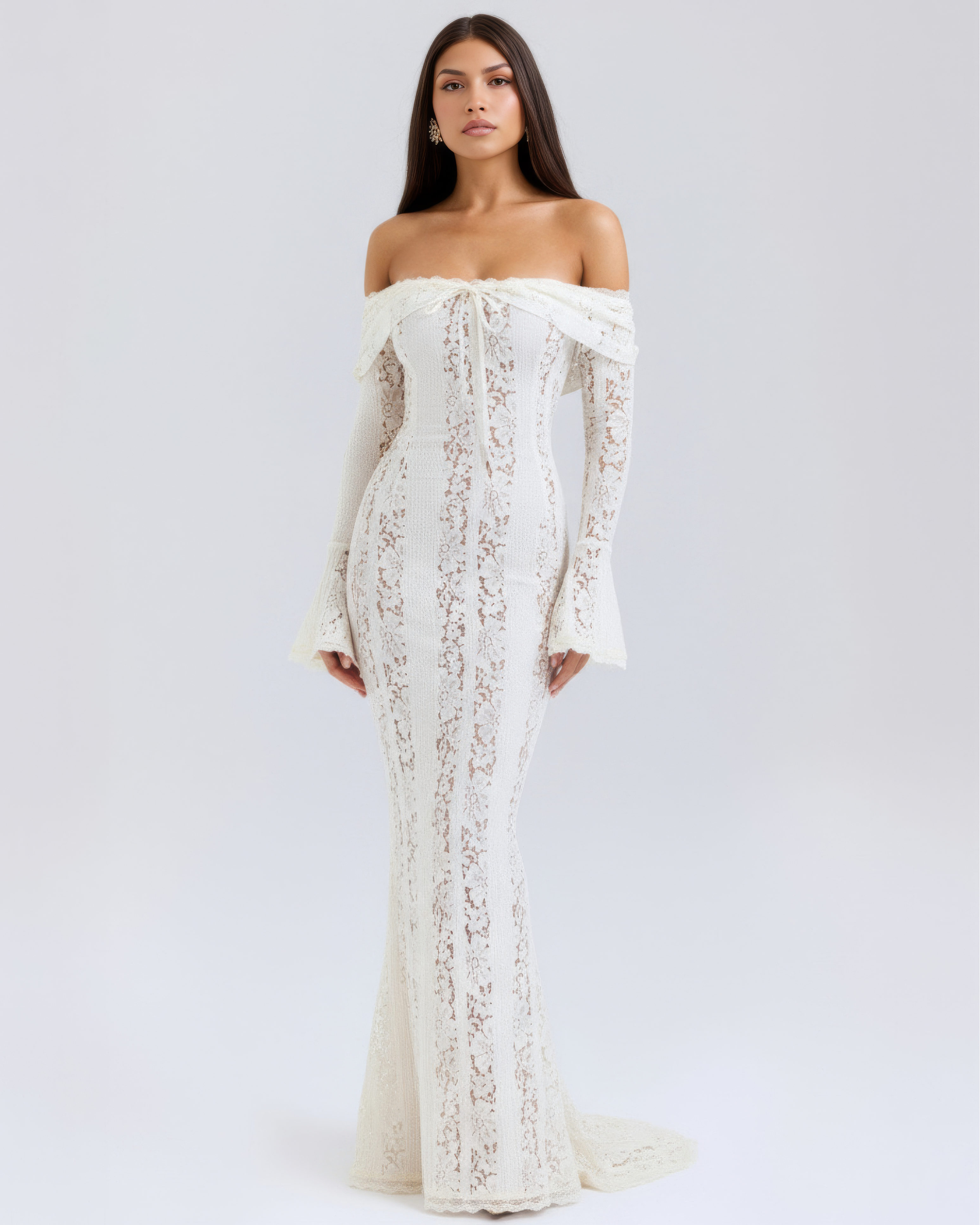 Robe longue dentelle florale épaules dénudées pour femme