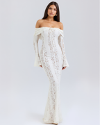 Robe longue dentelle florale épaules dénudées pour femme