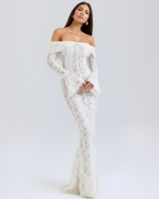 Robe longue dentelle florale épaules dénudées pour femme