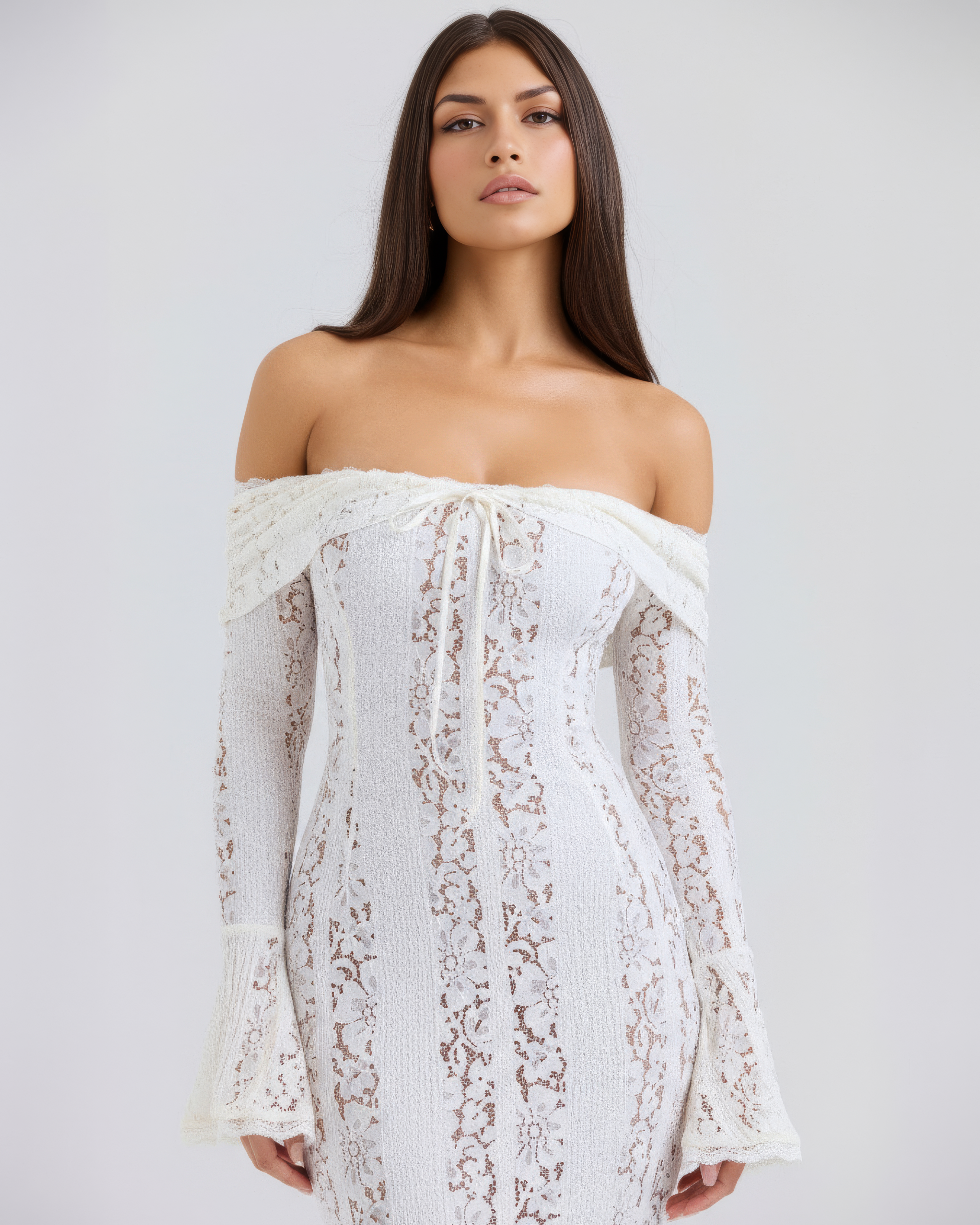 Robe longue dentelle florale épaules dénudées pour femme