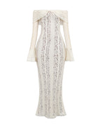 Robe longue dentelle florale épaules dénudées pour femme