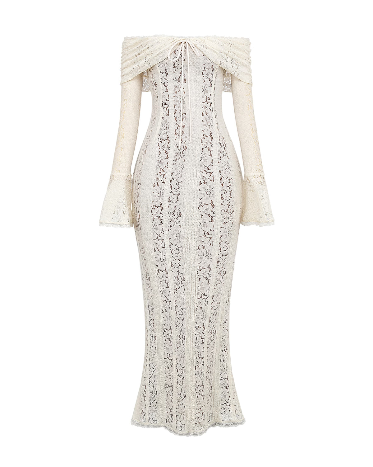 Robe longue dentelle florale épaules dénudées pour femme