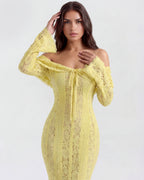 Robe longue dentelle florale épaules dénudées pour femme