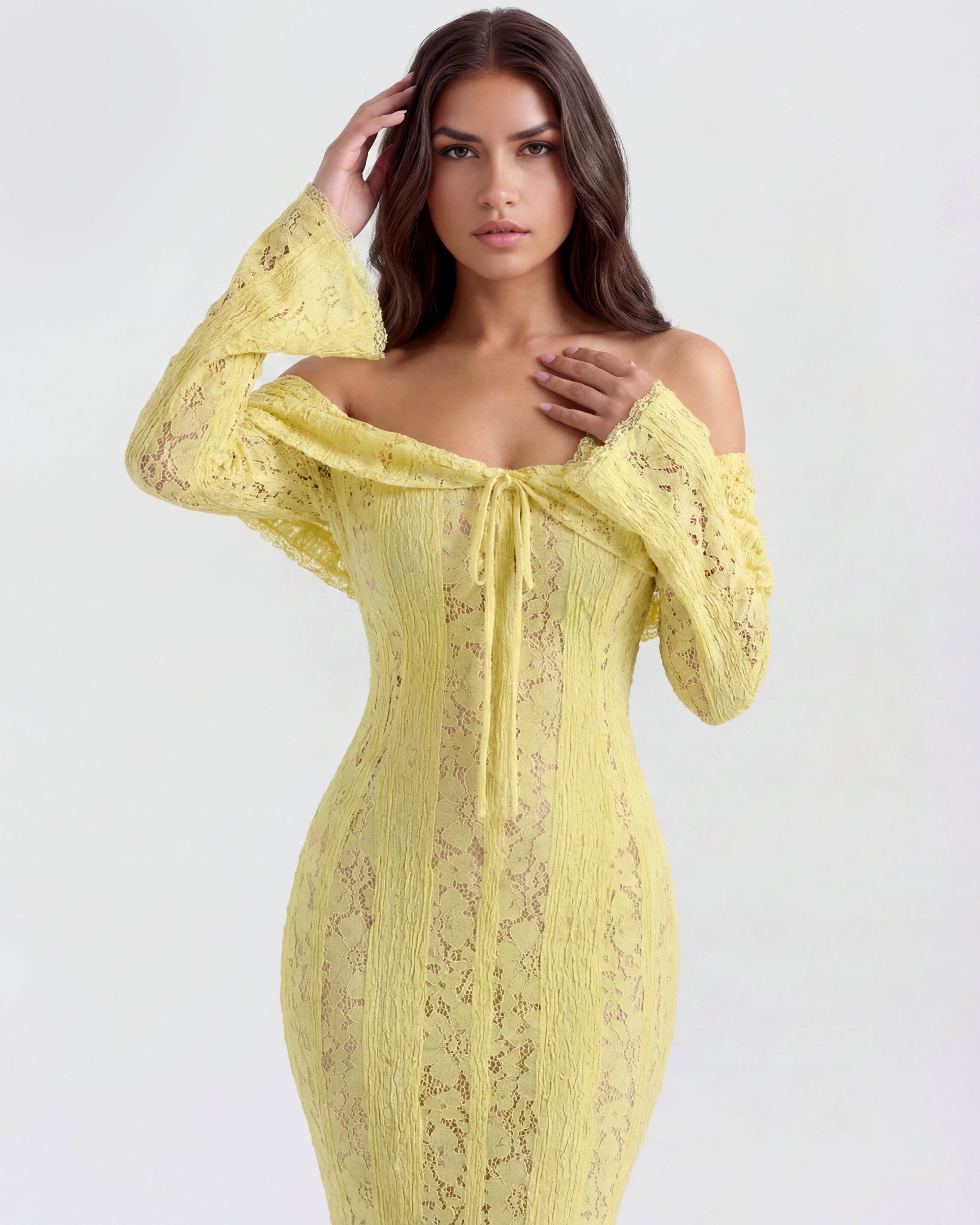 Robe longue dentelle florale épaules dénudées pour femme