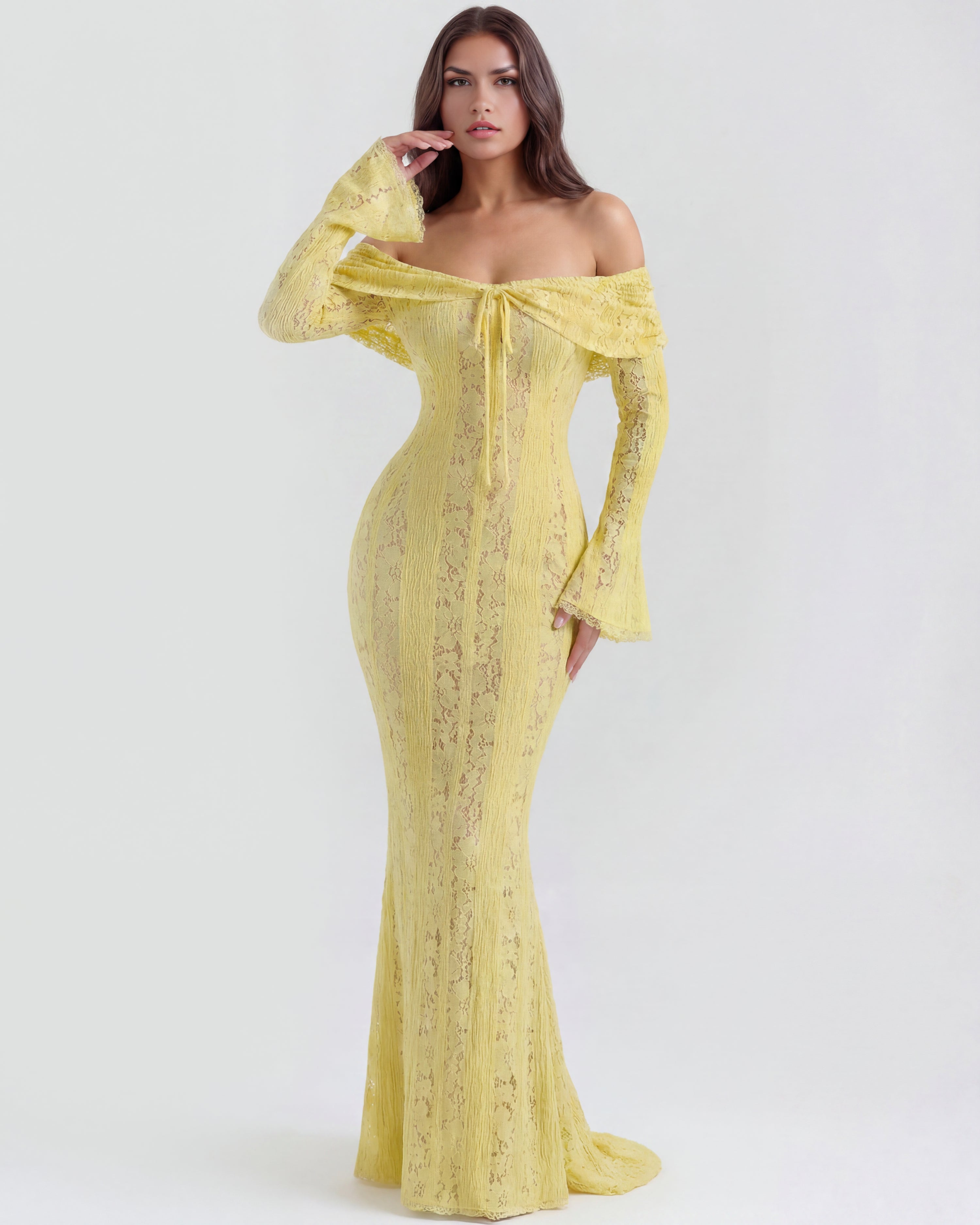 Robe longue dentelle florale épaules dénudées pour femme