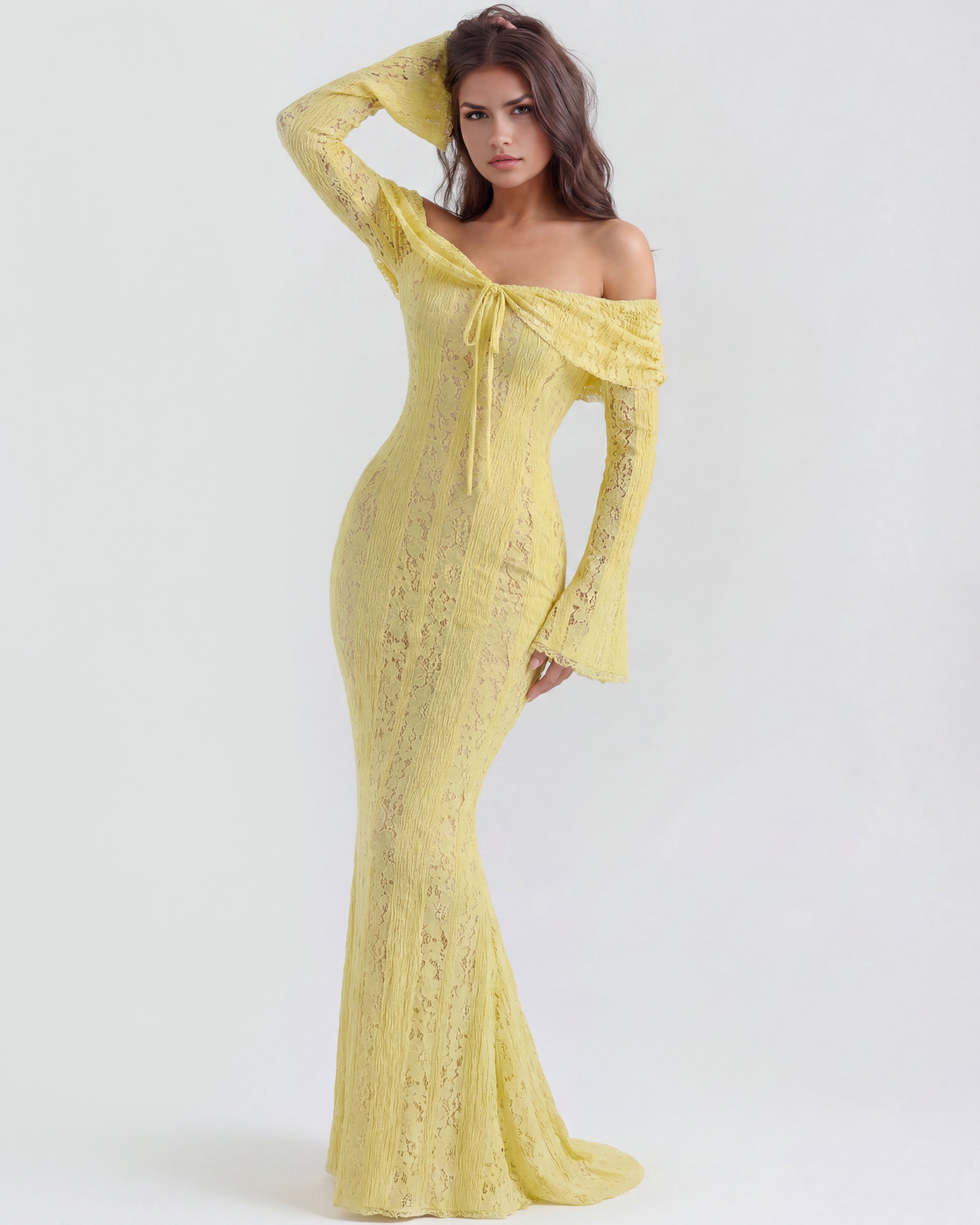 Robe longue dentelle florale épaules dénudées pour femme