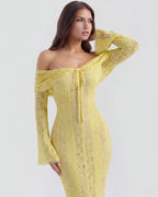 Robe longue dentelle florale épaules dénudées pour femme