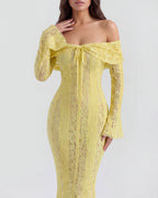 Robe longue dentelle florale épaules dénudées pour femme