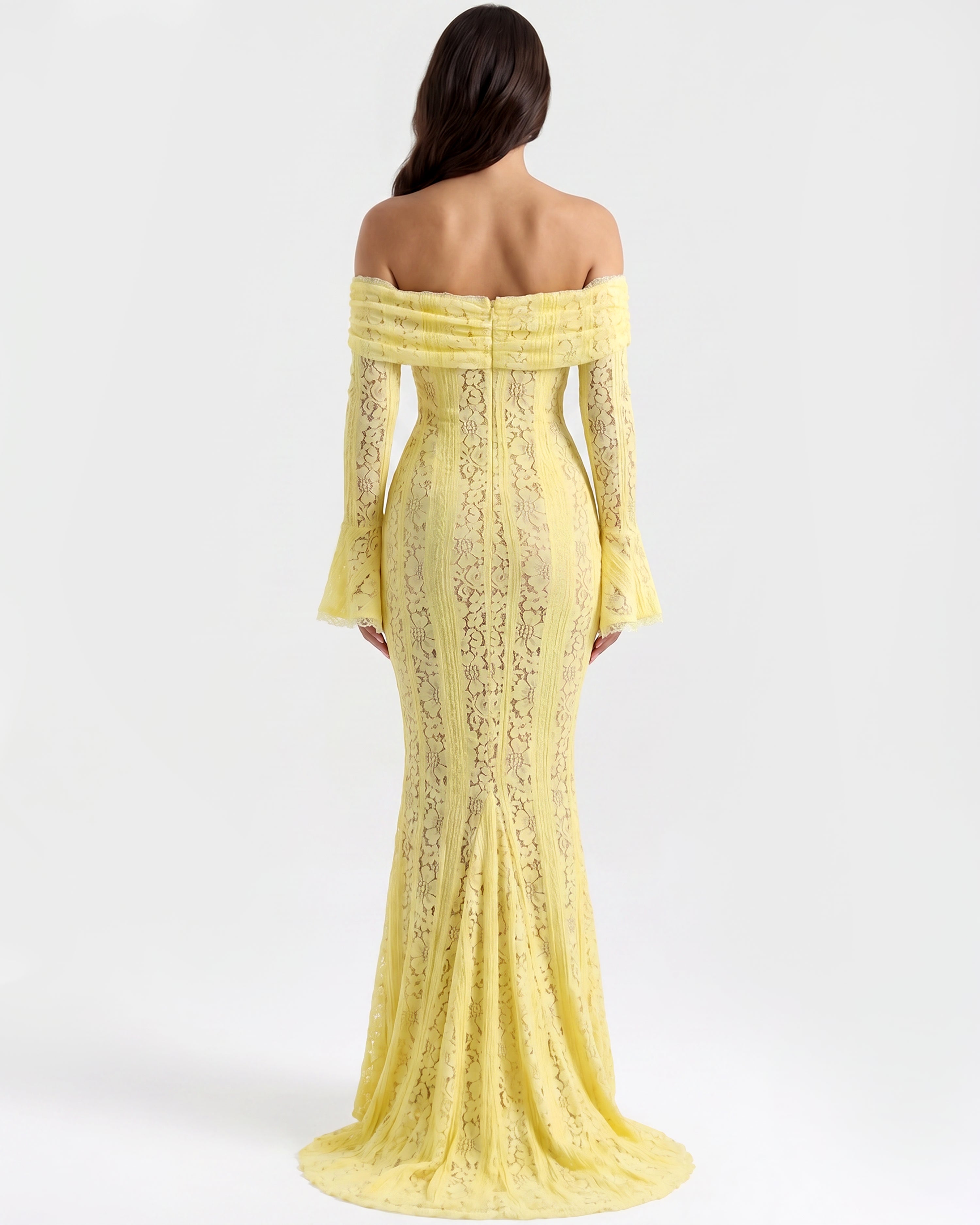 Robe longue dentelle florale épaules dénudées pour femme
