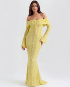 Robe longue dentelle florale épaules dénudées pour femme