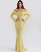 Robe longue dentelle florale épaules dénudées pour femme
