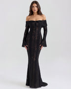 Robe longue dentelle florale épaules dénudées pour femme