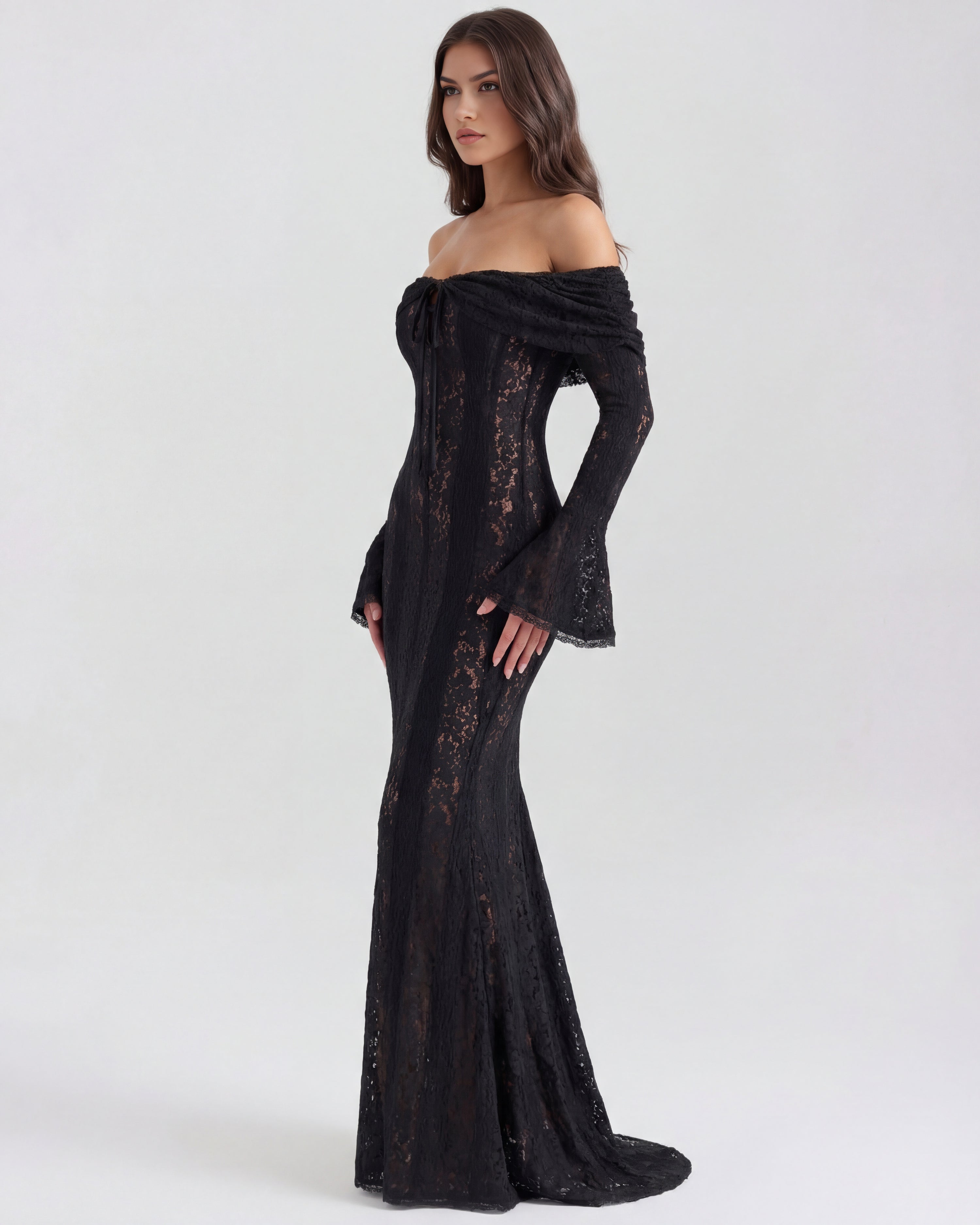 Robe longue dentelle florale épaules dénudées pour femme