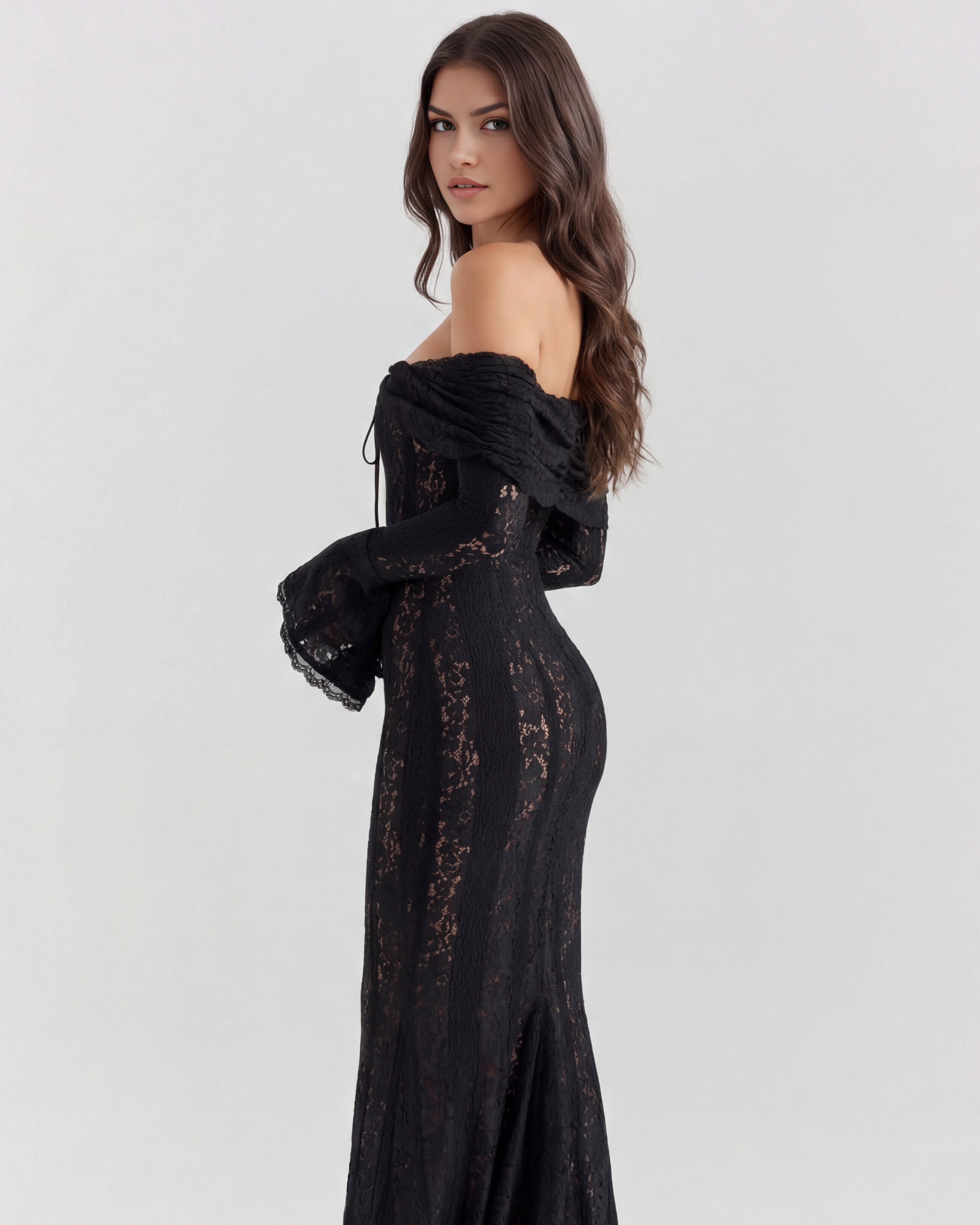 Robe longue dentelle florale épaules dénudées pour femme