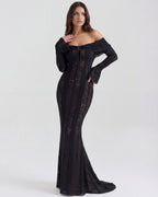 Robe longue dentelle florale épaules dénudées pour femme