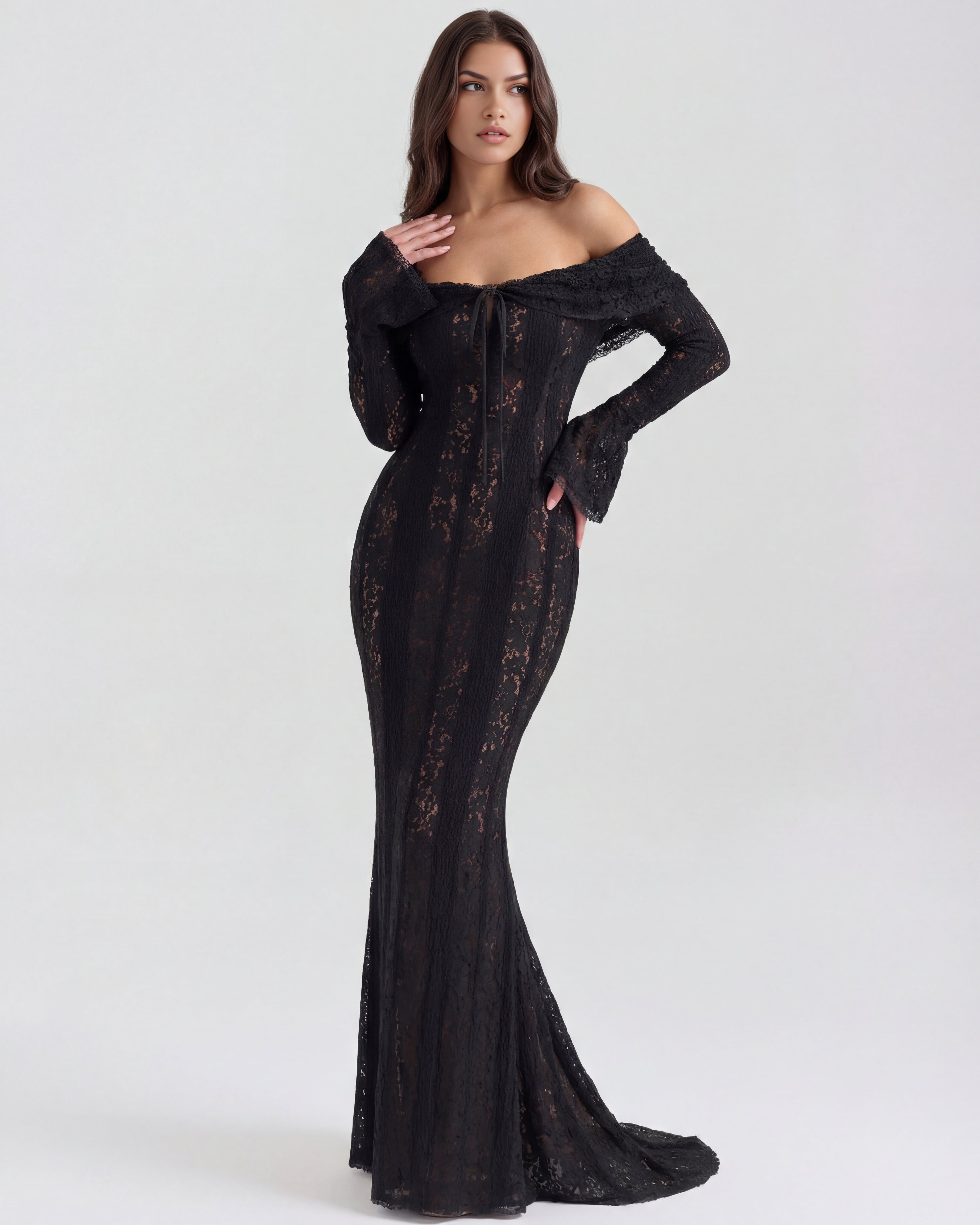 Robe longue dentelle florale épaules dénudées pour femme