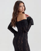 Robe longue dentelle florale épaules dénudées pour femme