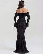 Robe longue dentelle florale épaules dénudées pour femme