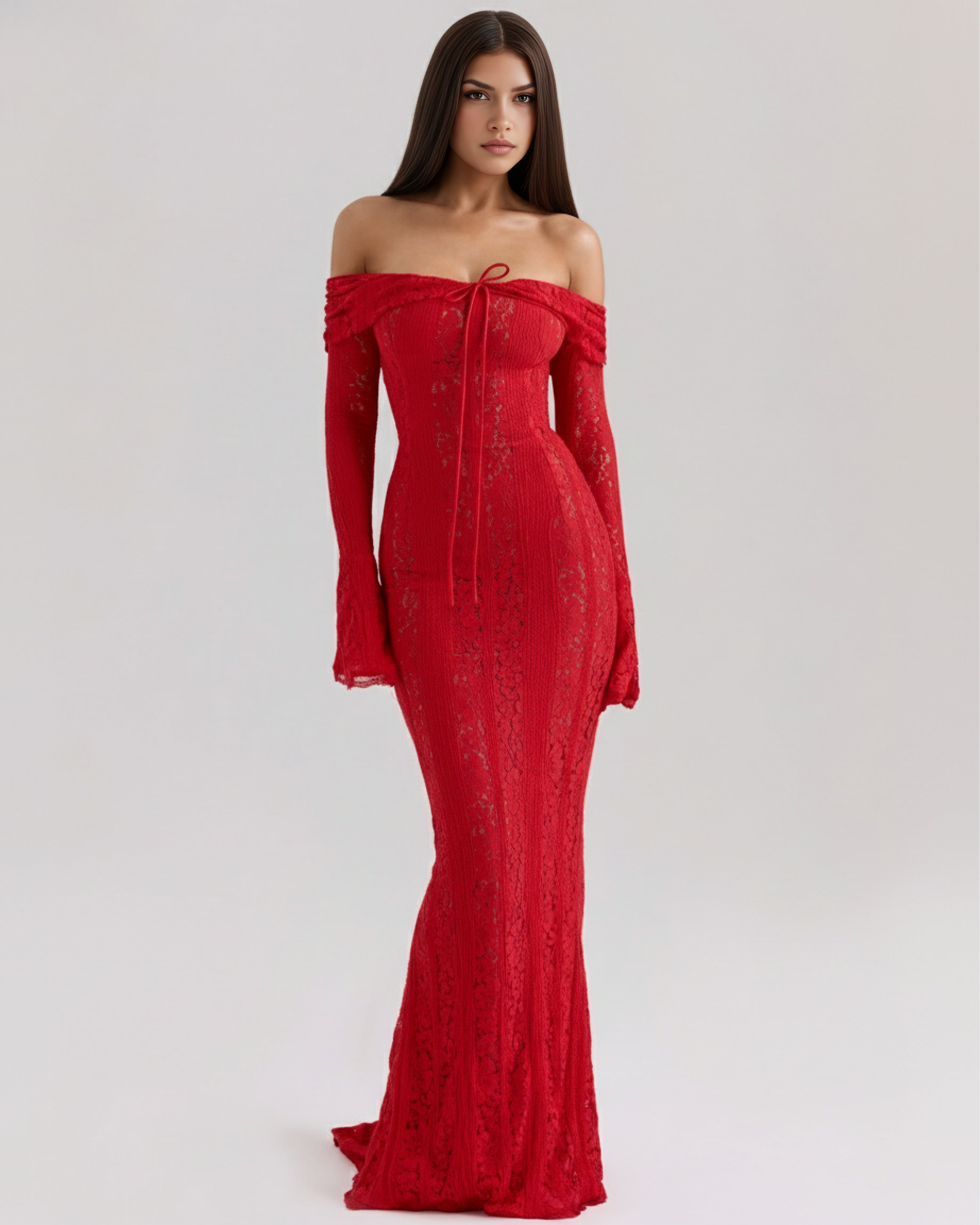 Robe longue dentelle florale épaules dénudées pour femme
