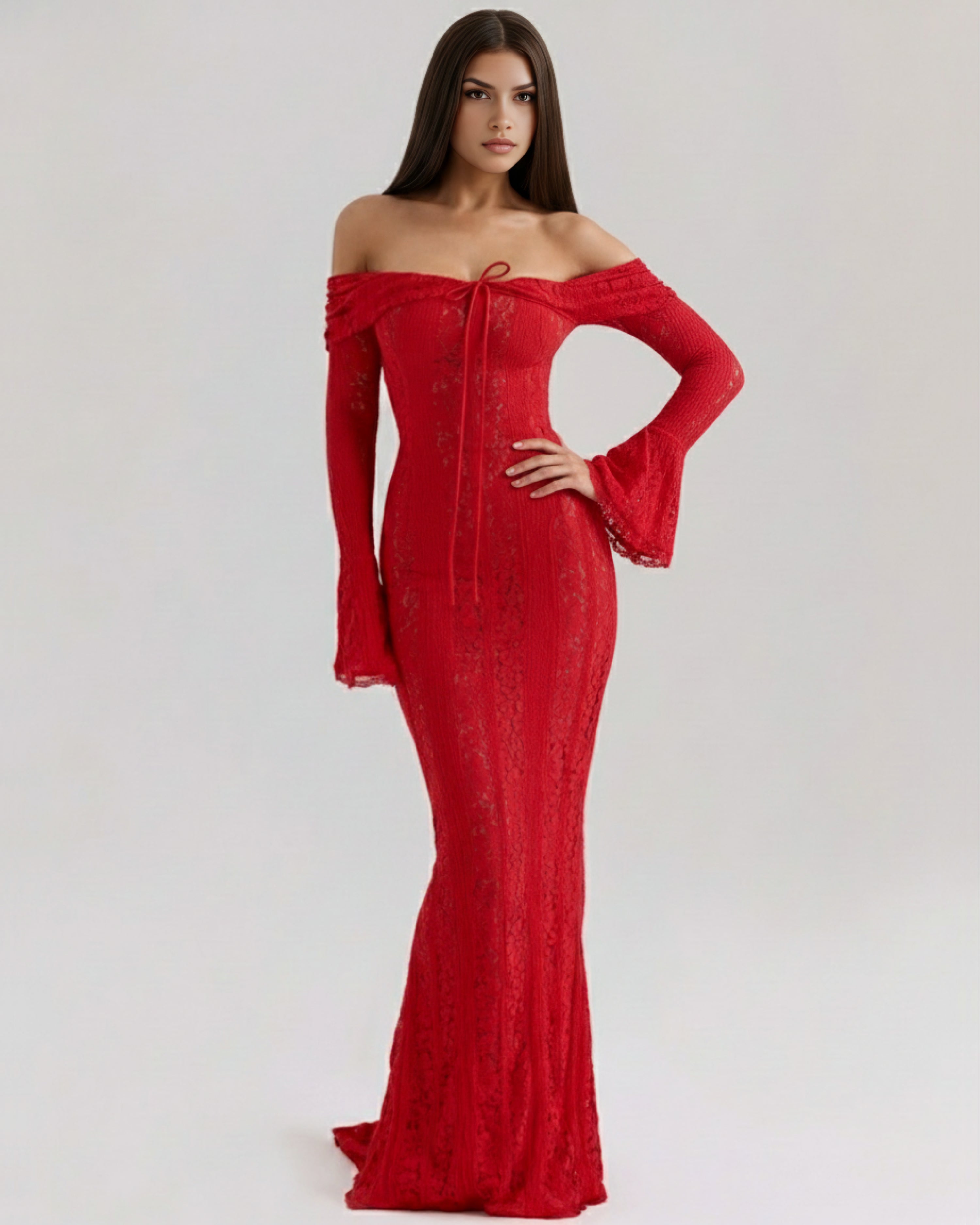 Robe longue dentelle florale épaules dénudées pour femme