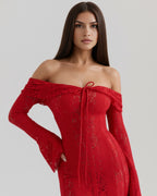 Robe longue dentelle florale épaules dénudées pour femme